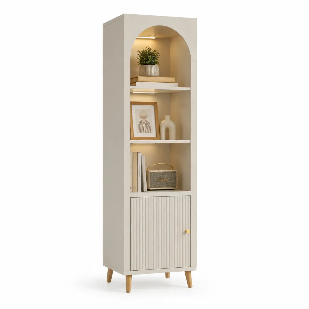 Wohnzimmerschrank Bücherregal mit 3 offenen Fächern und Tür Spanplatte rechteckig mit Bogenfach Creme 60 x 35 x 180 cm
