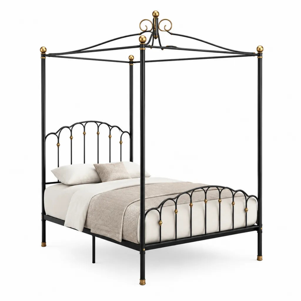 Himmelbett Metallbett 160 x 200 cm aus Stahl Schwarz Goldfarben