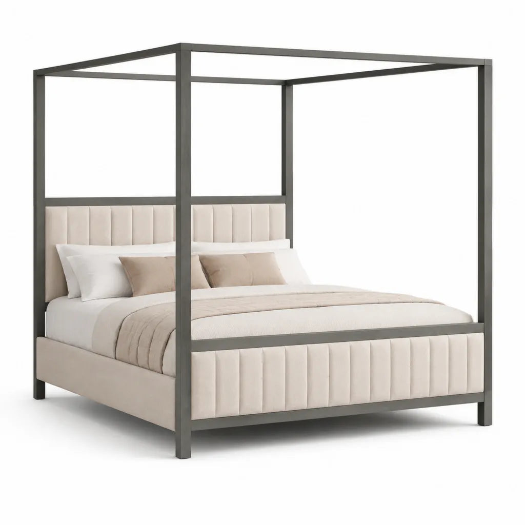 Himmelbett Doppelbett 180 x 200 cm aus pulverbeschichtetem Stahl mit gepolstertem Polyesterbezug Creme Schwarz