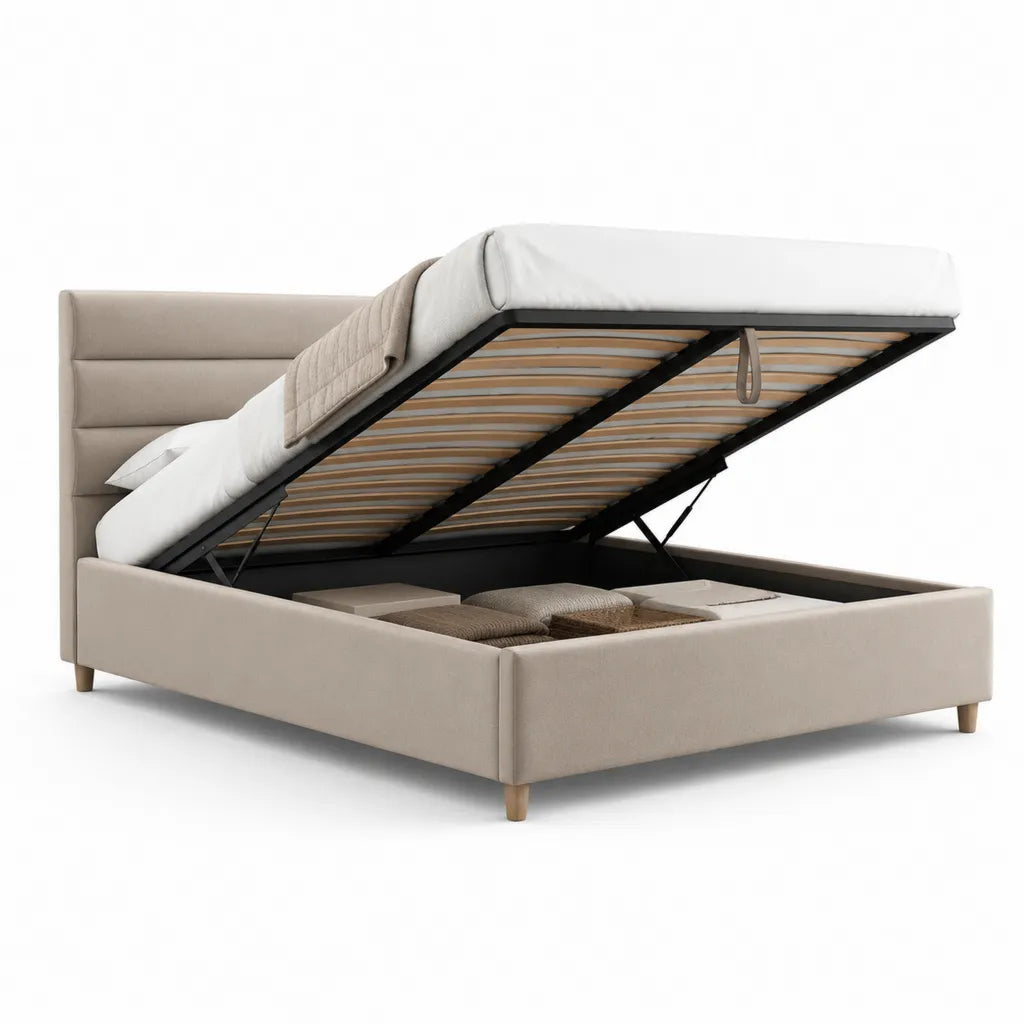 Polsterbett Stauraumbett 160 x 200 cm Polyester rechteckig Beige mit Gasdruckfeder und Lattenrost