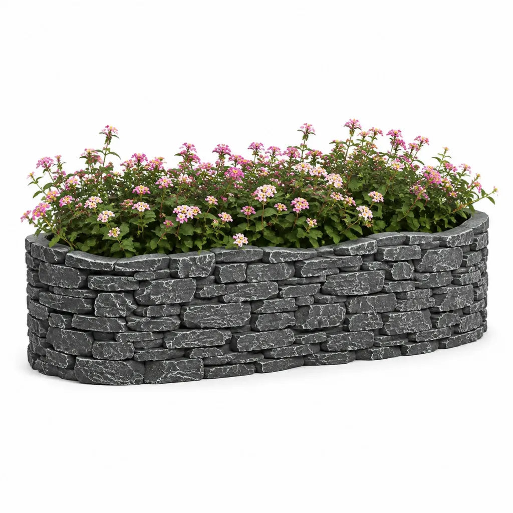 Ovales Hochbeet 120 x 40 x 30 cm aus Polypropylen in Steinoptik Anthrazit