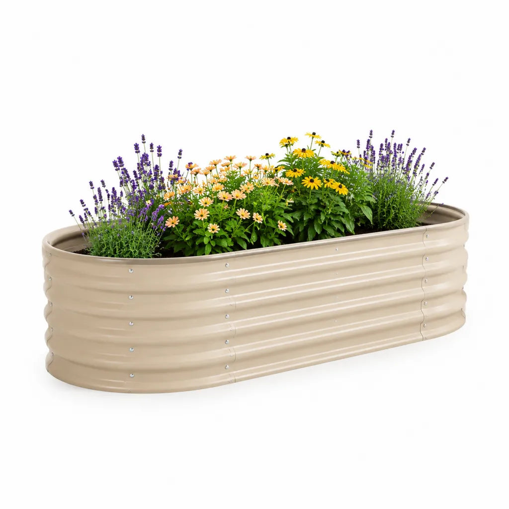 Hochbeet aus verzinktem Stahlblech oval Beige 240 x 90 x 60 cm